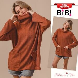 BiBi Piper Rib Double Pocket Turtle Neck Long Sleeves Pullover Sweater | Rust